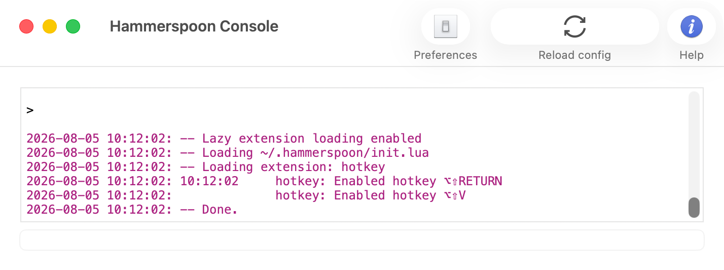 Hammerspoon Console showing init.lua loaded and the ⌥⇧V hotkey enabled