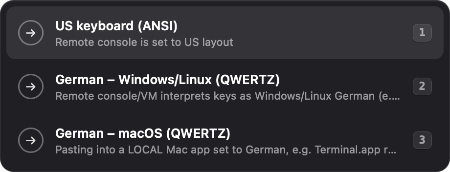 The layout picker popup, showing US ANSI, German Windows/Linux, and German macOS options